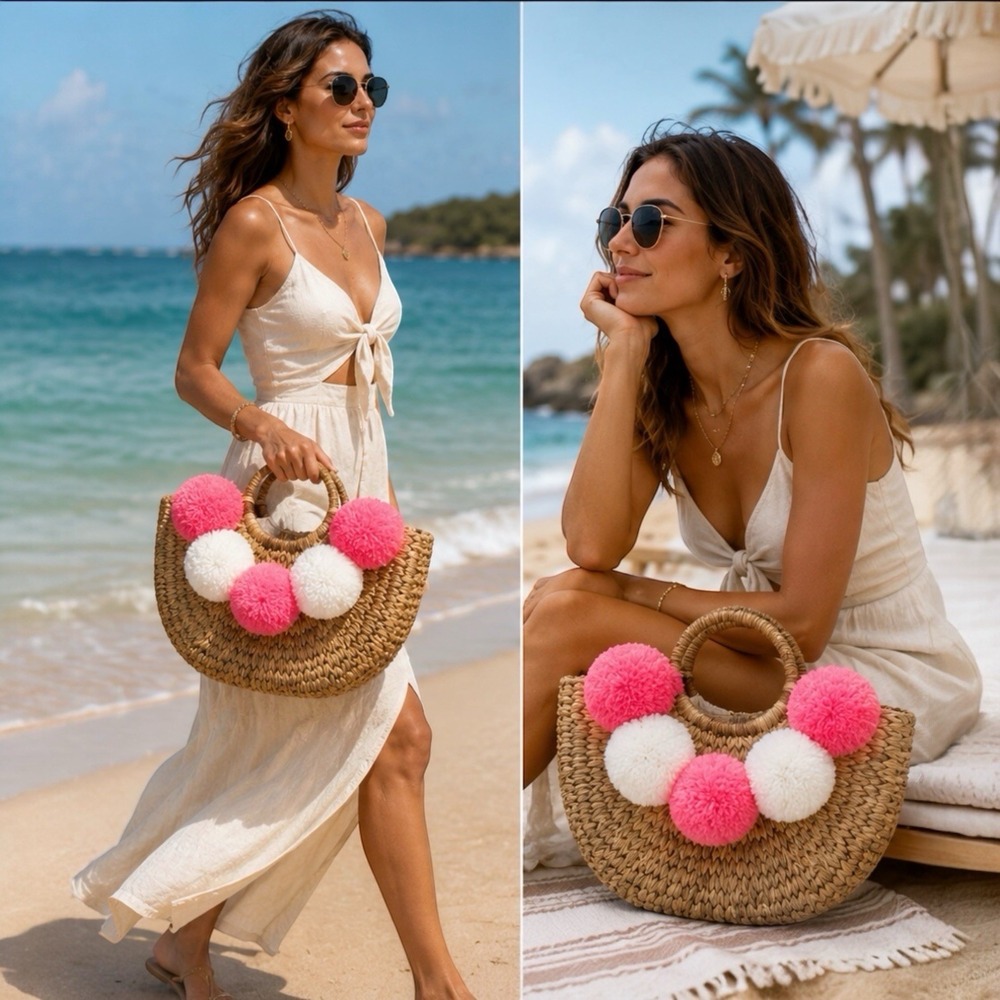 Straw Beach Tote Bag Pink White Pom Pom Boho Resort Summer Handbag
